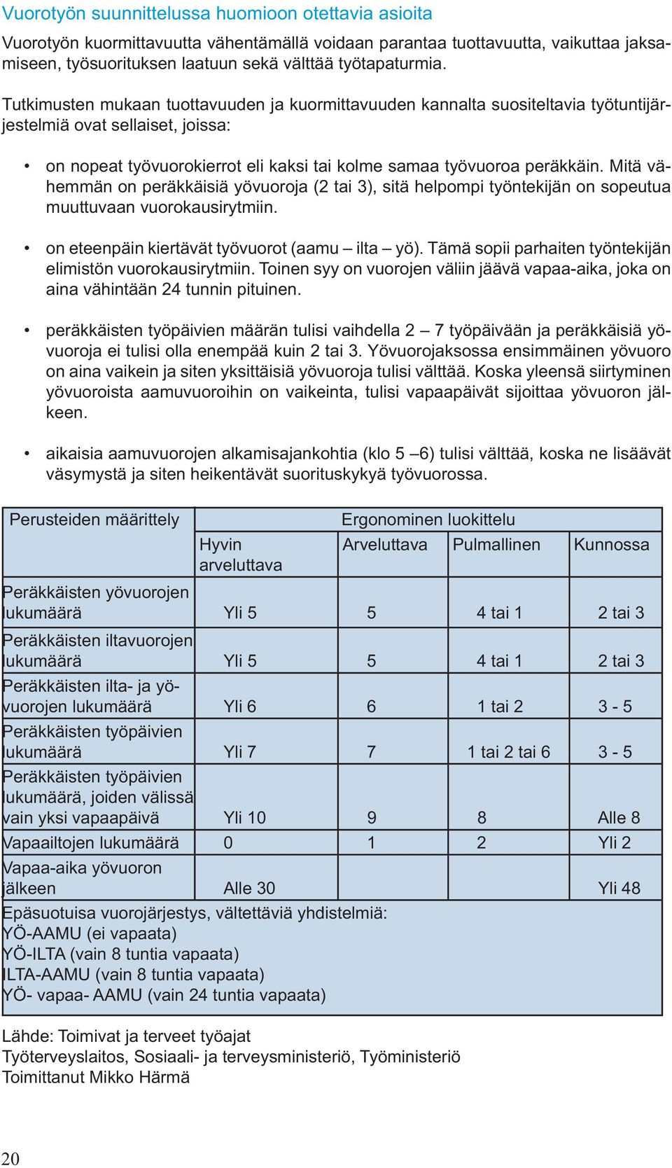 Mitä vähemmän on peräkkäisiä yövuoroja (2 tai 3), sitä helpompi työntekijän on sopeutua muuttuvaan vuorokausirytmiin. on eteenpäin kiertävät työvuorot (aamu ilta yö).