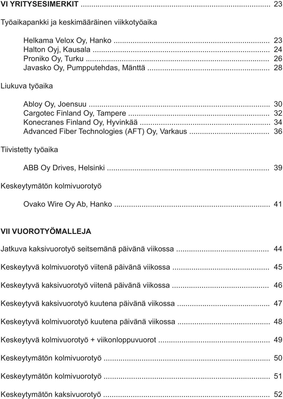 .. 36 Tiivistetty työaika ABB Oy Drives, Helsinki... 39 Keskeytymätön kolmivuorotyö Ovako Wire Oy Ab, Hanko... 41 VII VUOROTYÖMALLEJA Jatkuva kaksivuorotyö seitsemänä päivänä viikossa.