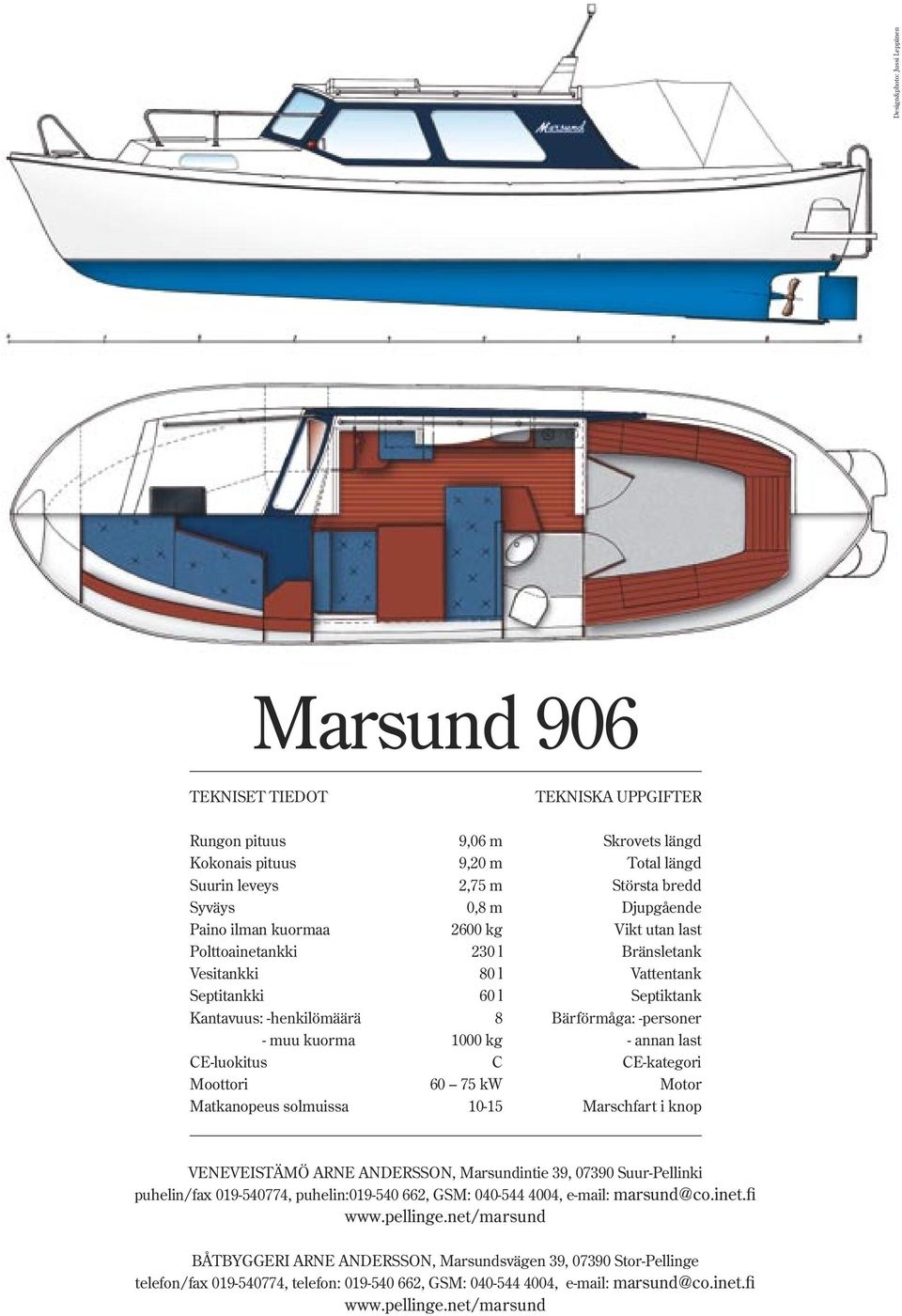 kuorma 1000 kg - annan last CE-luokitus C CE-kategori Moottori 60 75 kw Motor Matkanopeus solmuissa 10-15 Marschfart i knop VENEVEISTÄMÖ ARNE ANDERSSON, Marsundintie 39, 07390 Suur-Pellinki