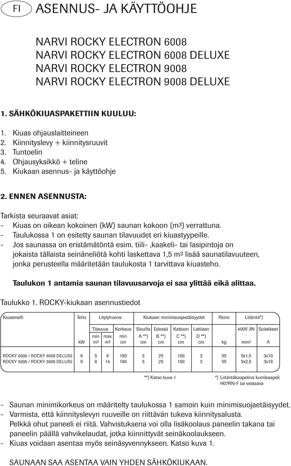 ENNEN ASENNUSTA: Tarkista seuraavat asiat: - Kiuas on oikean kokoinen (kw) saunan kokoon (m3) verrattuna. - Taulukossa 1 on esitetty saunan tilavuudet eri kiuastyypeille.