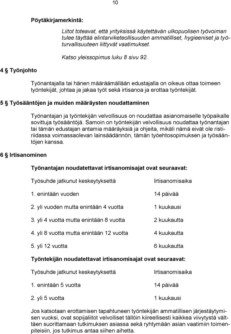 5 Työsääntöjen ja muiden määräysten noudattaminen 6 Irtisanominen Työnantajan ja työntekijän velvollisuus on noudattaa asianomaiselle työpaikalle sovittuja työsääntöjä.