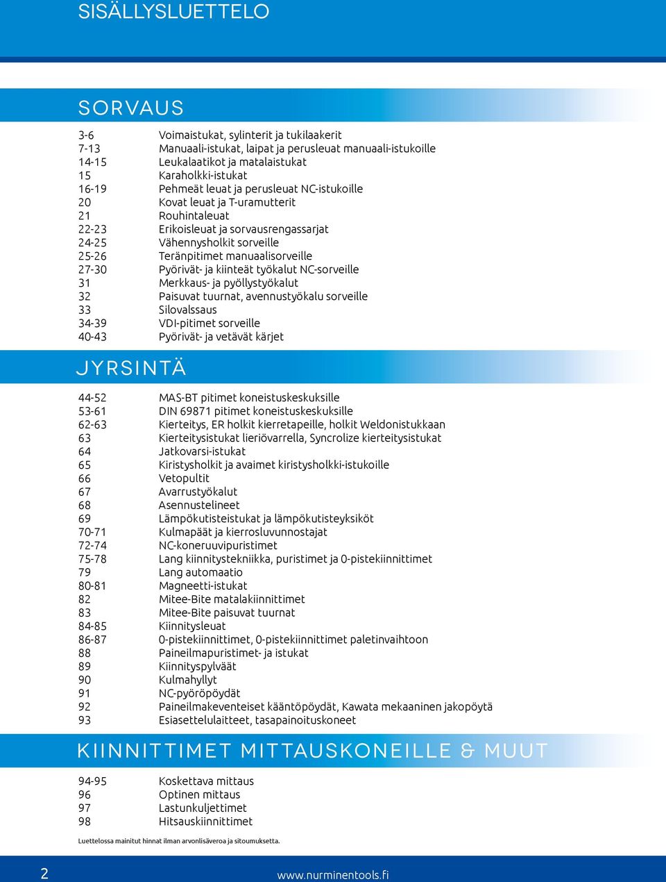 manuaalisorveille 27-30 Pyörivät- ja kiinteät työkalut NC-sorveille 31 Merkkaus- ja pyöllystyökalut 32 Paisuvat tuurnat, avennustyökalu sorveille 33 Silovalssaus 34-39 VDI-pitimet sorveille 40-43