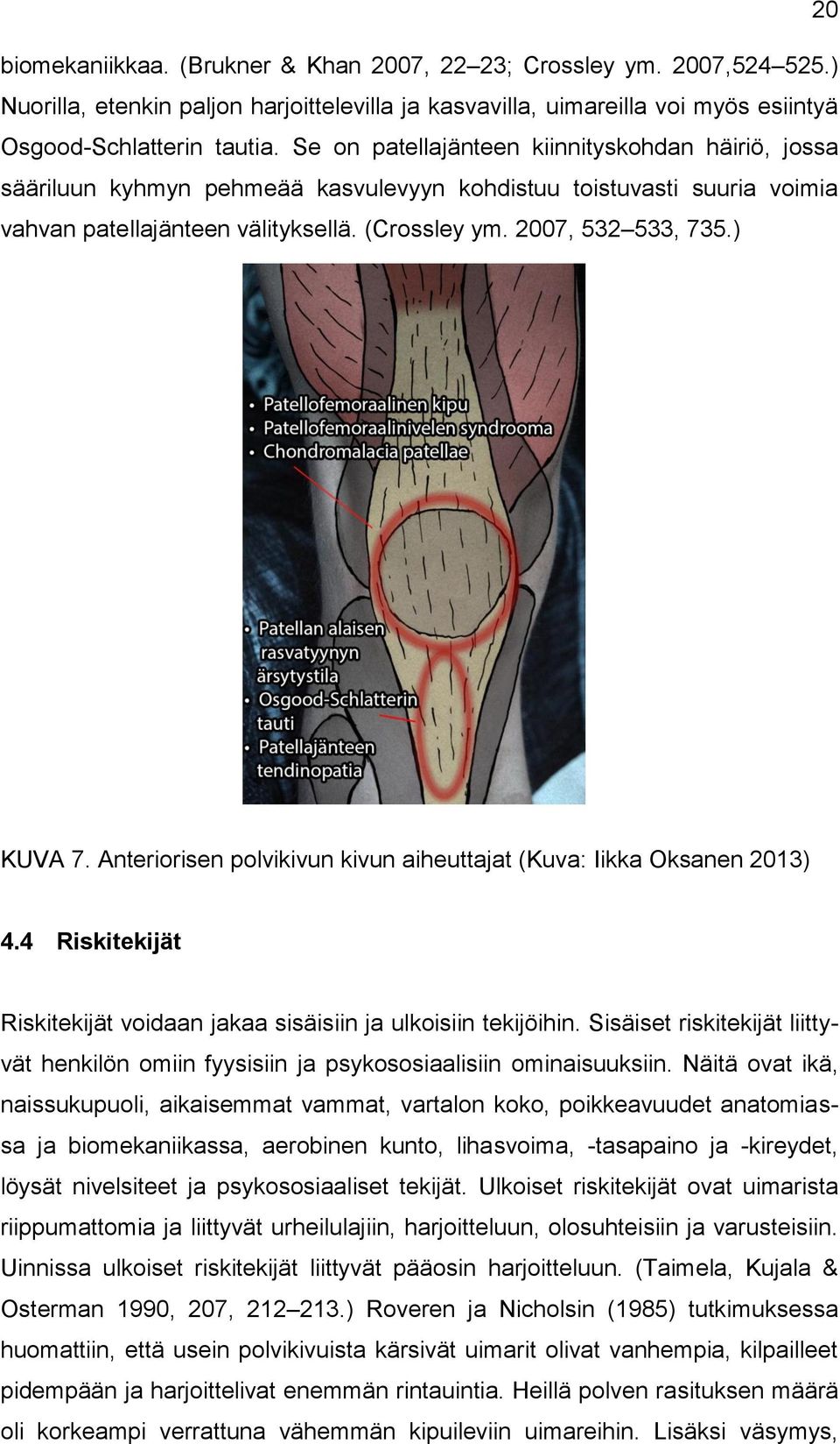 ) KUVA 7. Anteriorisen polvikivun kivun aiheuttajat (Kuva: Iikka Oksanen 2013) 4.4 Riskitekijät Riskitekijät voidaan jakaa sisäisiin ja ulkoisiin tekijöihin.