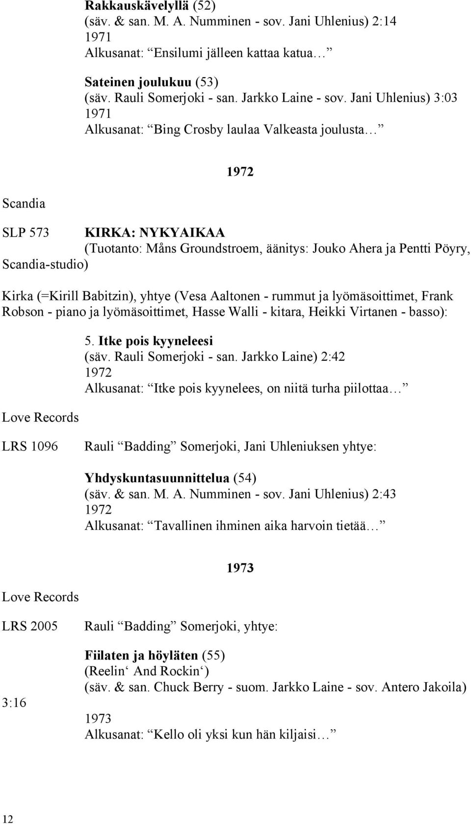 Kirka (=Kirill Babitzin), yhtye (Vesa Aaltonen - rummut ja lyömäsoittimet, Frank Robson - piano ja lyömäsoittimet, Hasse Walli - kitara, Heikki Virtanen - basso): Love Records 5.