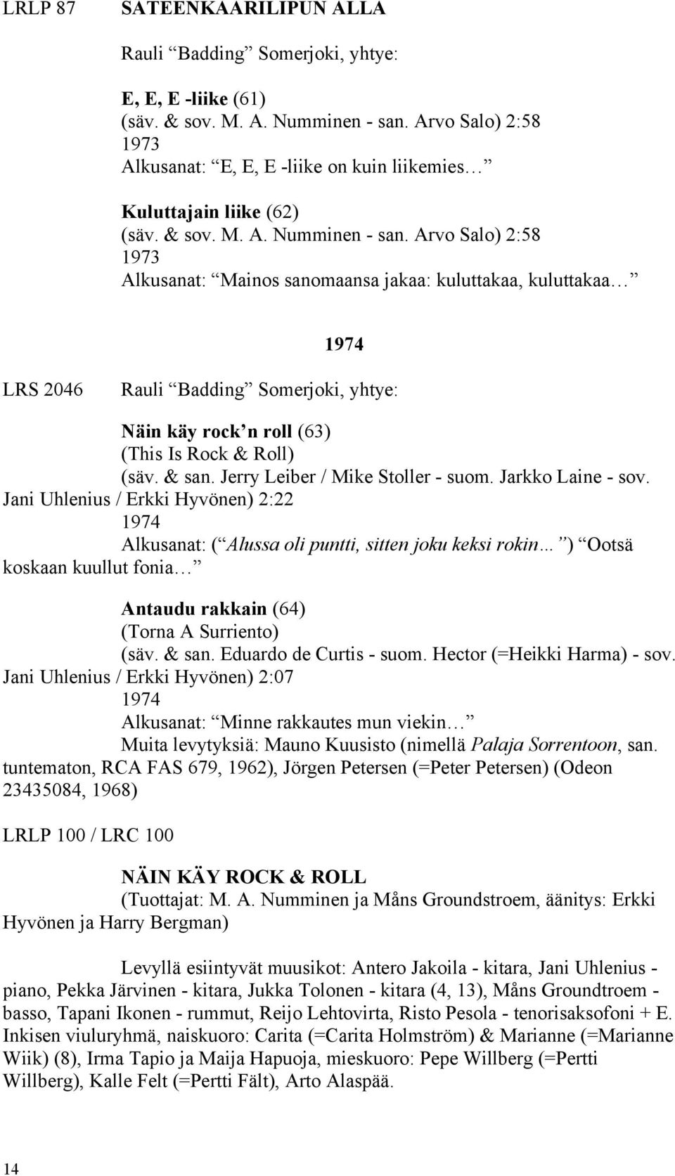 Arvo Salo) 2:58 1973 Alkusanat: Mainos sanomaansa jakaa: kuluttakaa, kuluttakaa 1974 LRS 2046 Rauli Badding Somerjoki, yhtye: Näin käy rock n roll (63) (This Is Rock & Roll) (säv. & san.