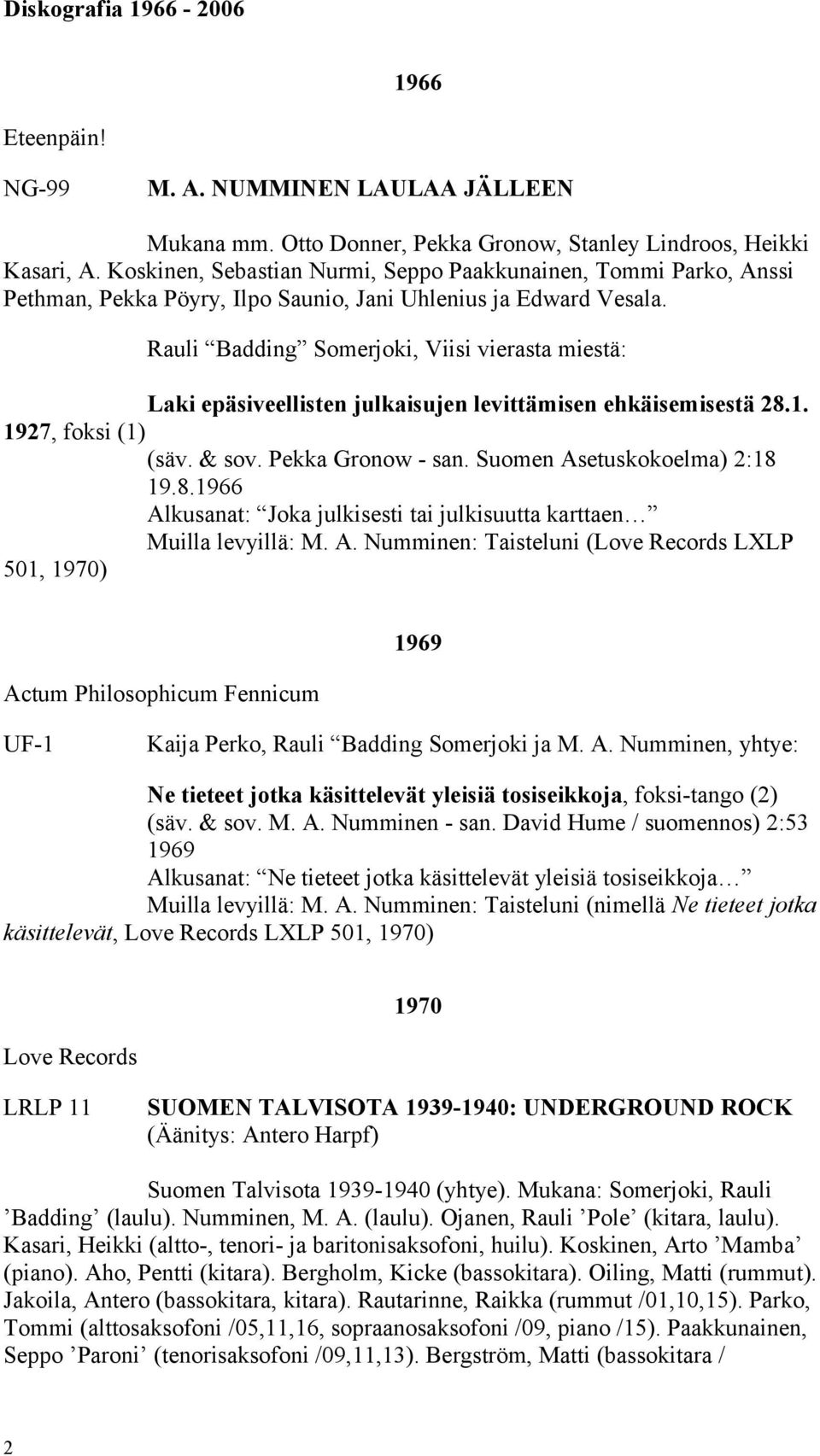 Rauli Badding Somerjoki, Viisi vierasta miestä: Laki epäsiveellisten julkaisujen levittämisen ehkäisemisestä 28.1. 1927, foksi (1) (säv. & sov. Pekka Gronow - san. Suomen Asetuskokoelma) 2:18 19.8.1966 Alkusanat: Joka julkisesti tai julkisuutta karttaen Muilla levyillä: M.