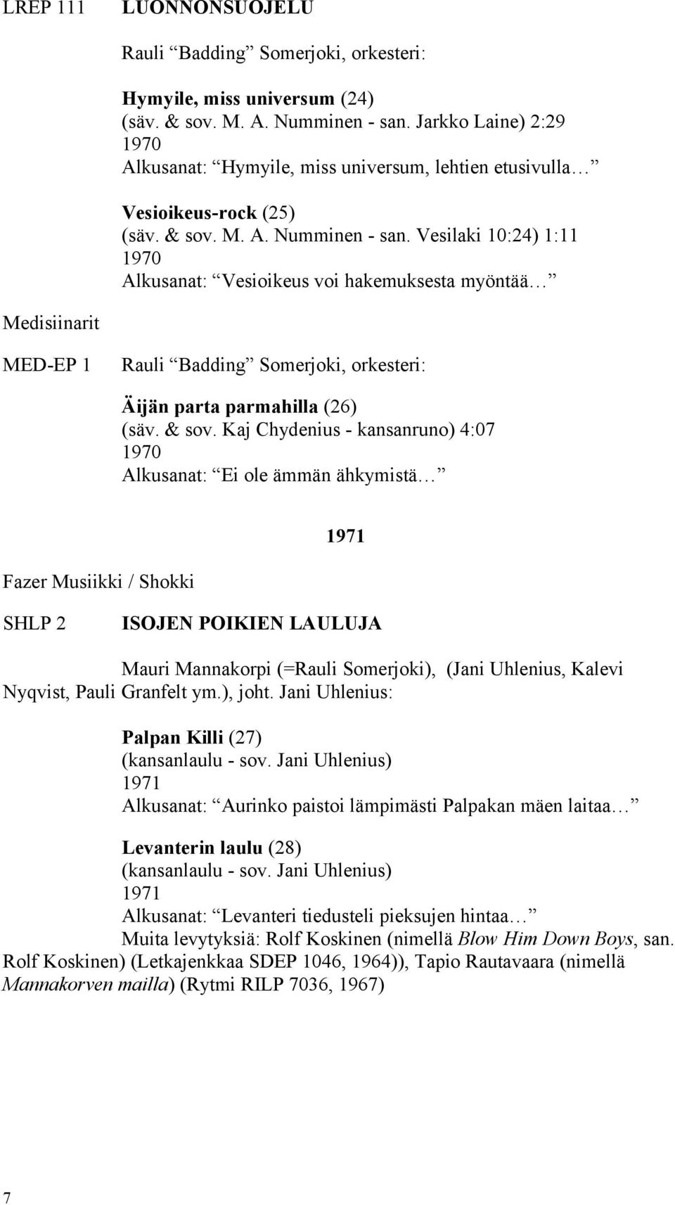 Vesilaki 10:24) 1:11 1970 Alkusanat: Vesioikeus voi hakemuksesta myöntää Medisiinarit MED-EP 1 Rauli Badding Somerjoki, orkesteri: Äijän parta parmahilla (26) (säv. & sov.