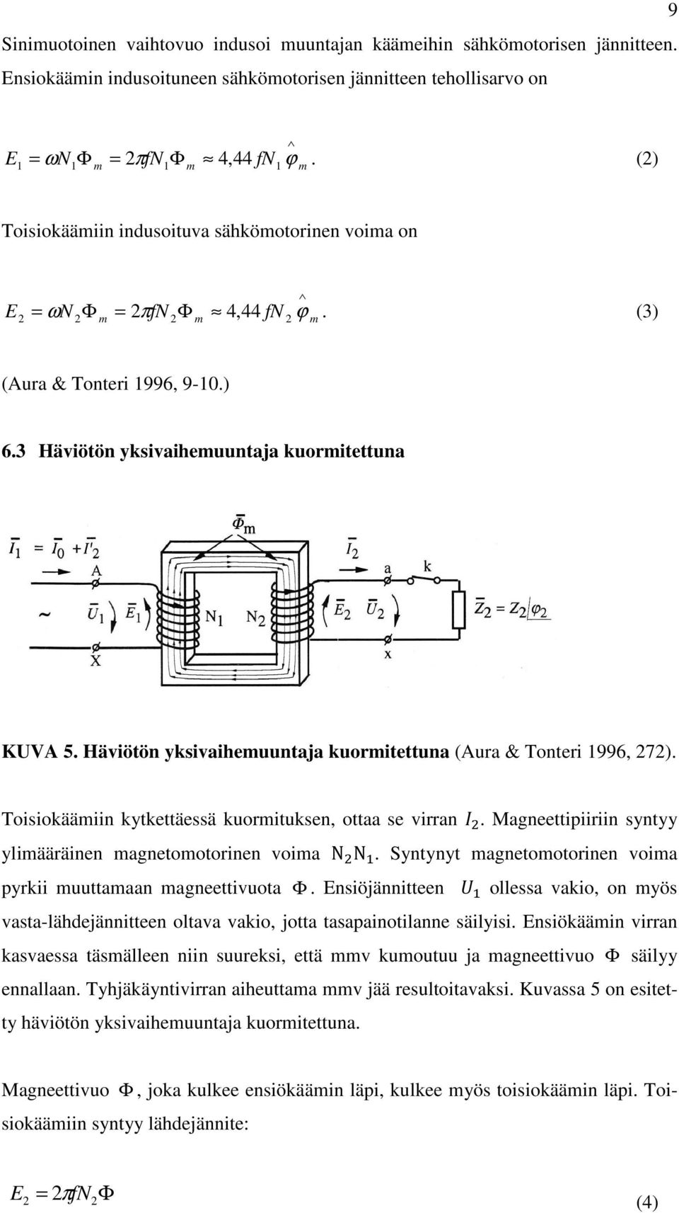 Häviötön yksivaihemuuntaja kuormitettuna (Aura & Tonteri 1996, 272). Toisiokäämiin kytkettäessä kuormituksen, ottaa se virran. Magneettipiiriin syntyy ylimääräinen magnetomotorinen voima N N.