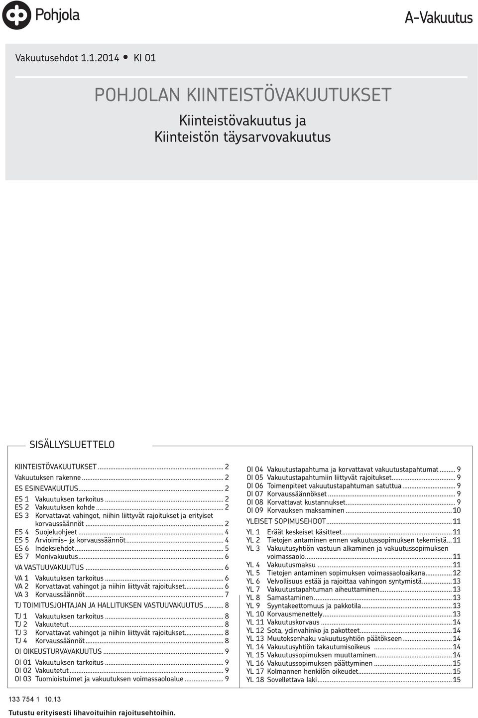 .. 4 ES 5 Arvioimis- ja korvaussäännöt... 4 ES 6 Indeksiehdot... 5 ES 7 Monivakuutus... 6 VA VASTUUVAKUUTUS... 6 VA 1 Vakuutuksen tarkoitus.