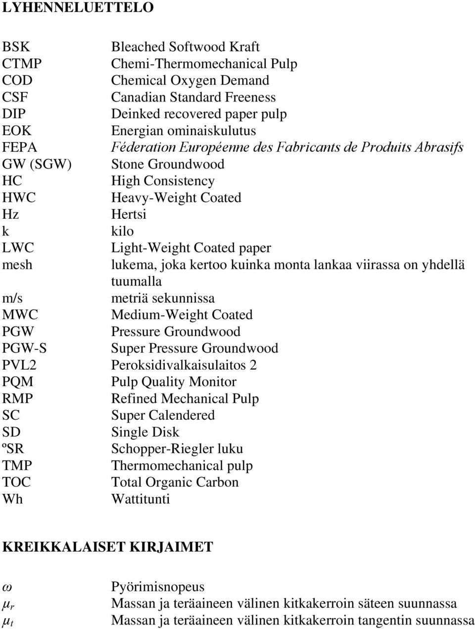 kertoo kuinka monta lankaa viirassa on yhdellä tuumalla m/s metriä sekunnissa MWC Medium-Weight Coated PGW Pressure Groundwood PGW-S Super Pressure Groundwood PVL2 Peroksidivalkaisulaitos 2 PQM Pulp