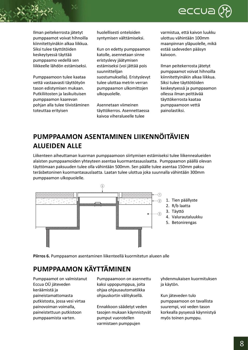 Putkiliitosten ja lasikuituisen pumppaamon kaarevan pohjan alla tulee tiivistäminen toteuttaa erityisen huolellisesti onteloiden syntymisen välttämiseksi.