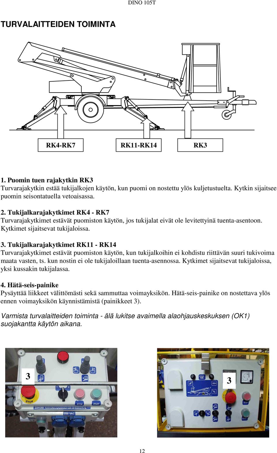 Kytkimet sijaitsevat tukijaloissa. 3. Tukijalkarajakytkimet RK11 - RK14 Turvarajakytkimet estävät puomiston käytön, kun tukijalkoihin ei kohdistu riittävän suuri tukivoima maata vasten, ts.