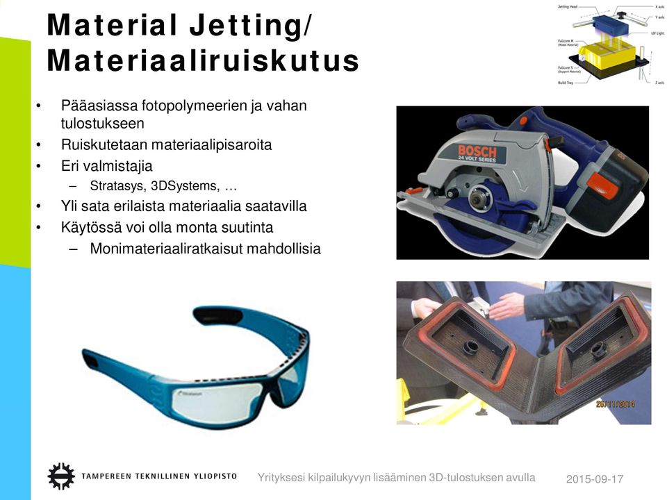 valmistajia Stratasys, 3DSystems, Yli sata erilaista materiaalia