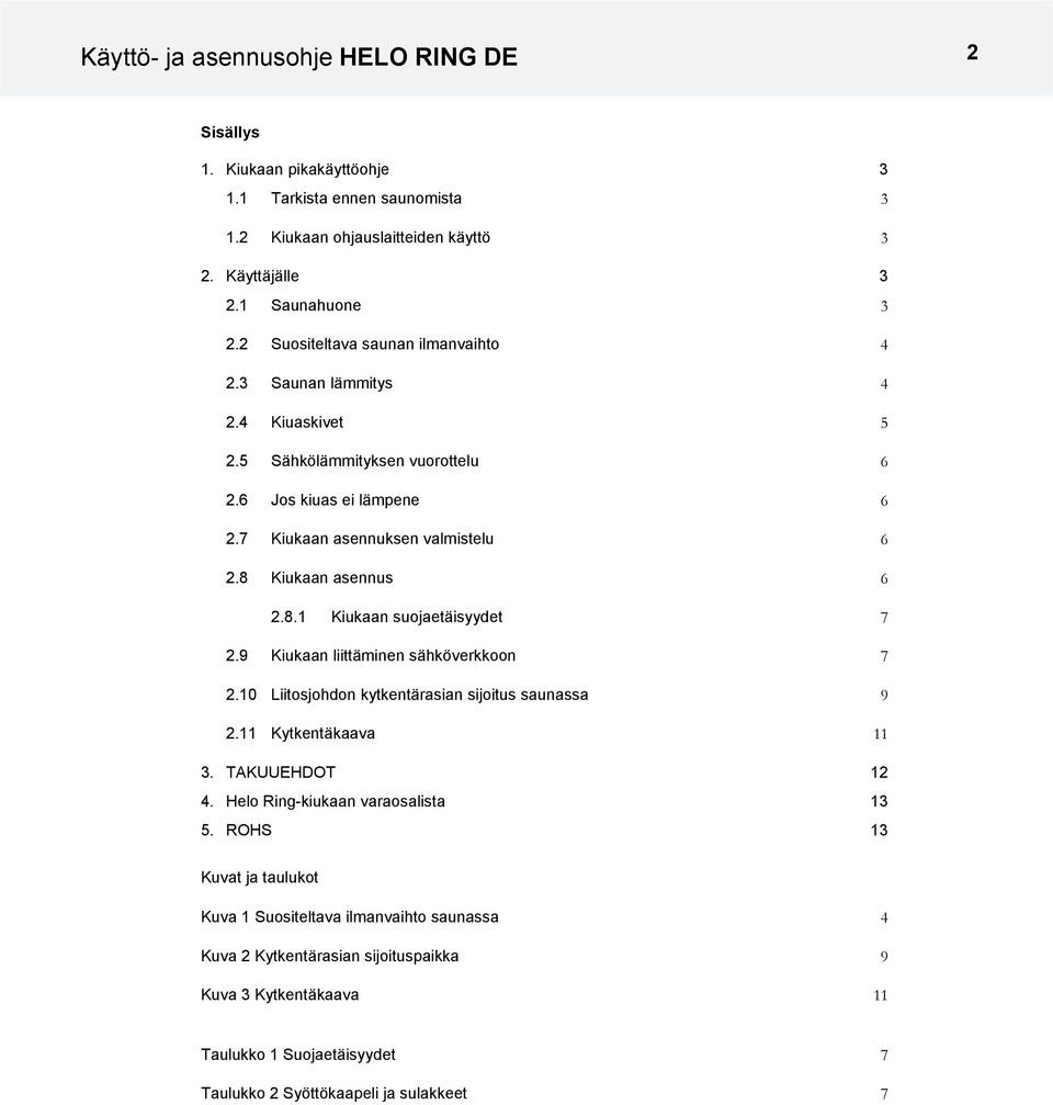 8 Kiukaan asennus 6 2.8.1 Kiukaan suojaetäisyydet 7 2.9 Kiukaan liittäminen sähköverkkoon 7 2.10 Liitosjohdon kytkentärasian sijoitus saunassa 9 2.11 Kytkentäkaava 11 3. TAKUUEHDOT 12 4.