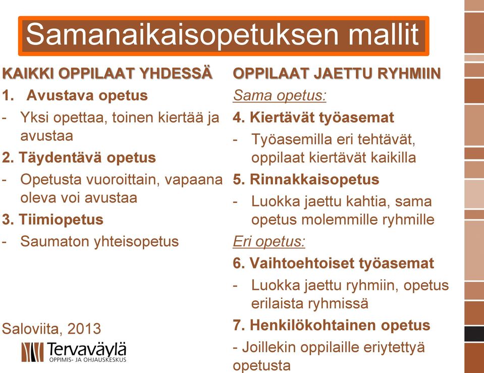 Tiimiopetus - Saumaton yhteisopetus Saloviita, 2013 OPPILAAT JAETTU RYHMIIN Sama opetus: 4.