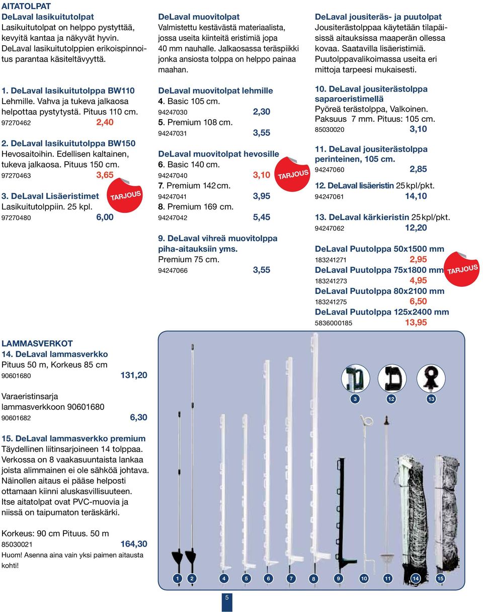 Edellisen kaltainen, tukeva jalkaosa. Pituus 150 cm. 97270463 3,65 3. DeLaval Lisäeristimet Lasikuitutolppiin. 25 kpl. 97270480 6,00 14.