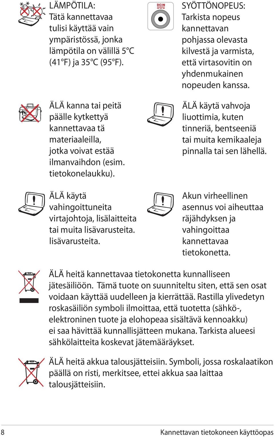 ÄLÄ käytä vahingoittuneita virtajohtoja, lisälaitteita tai muita lisävarusteita.