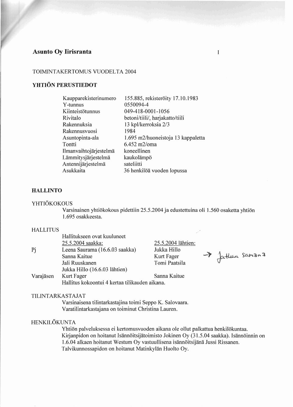 695 m2lhuoneistoja 13 kappaletta 6.452 m2loma koneellinen kaukolampö sateliitti 36 henkilöä vuoden lopussa HALLINTO YHTIOKOKOUS Varsinainen yhtiökokous pidettiin 25.5.2004 ja edustettuina oli 1.