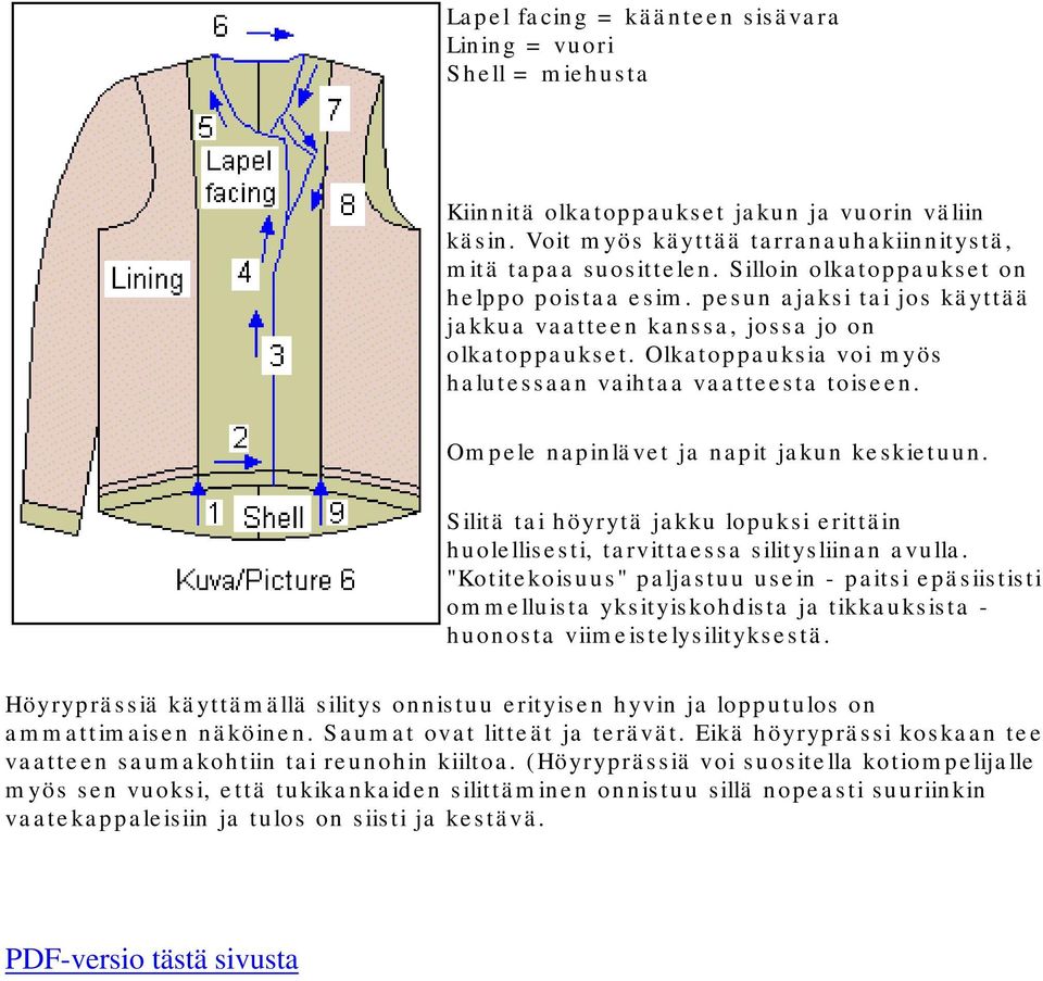 Ompele napinlävet ja napit jakun keskietuun. Silitä tai höyrytä jakku lopuksi erittäin huolellisesti, tarvittaessa silitysliinan avulla.