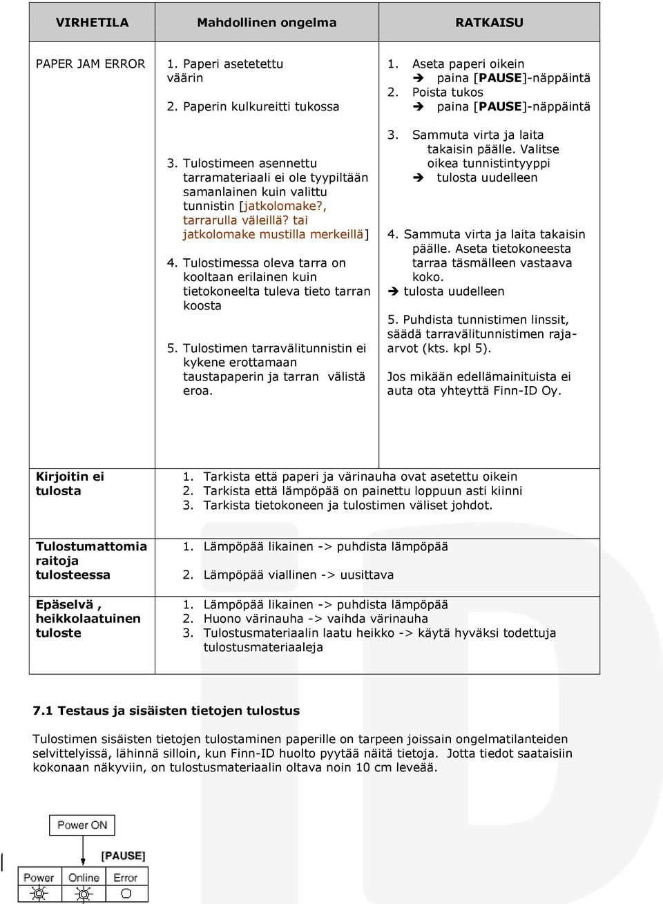 Tulostimessa oleva tarra on kooltaan erilainen kuin tietokoneelta tuleva tieto tarran koosta 5. Tulostimen tarravälitunnistin ei kykene erottamaan taustapaperin ja tarran välistä eroa. 1.