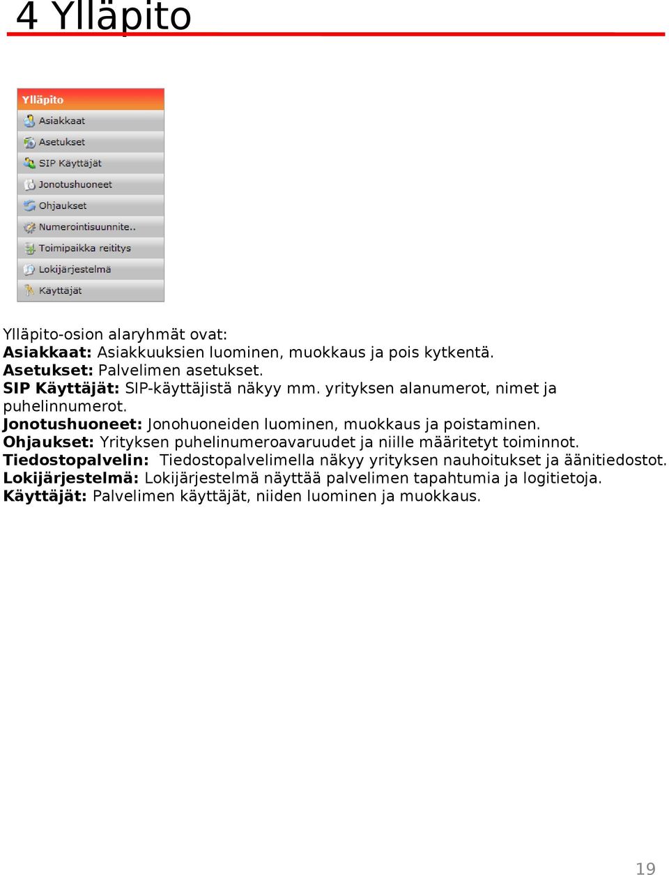 Jonotushuoneet: Jonohuoneiden luominen, muokkaus ja poistaminen. Ohjaukset: Yrityksen puhelinumeroavaruudet ja niille määritetyt toiminnot.