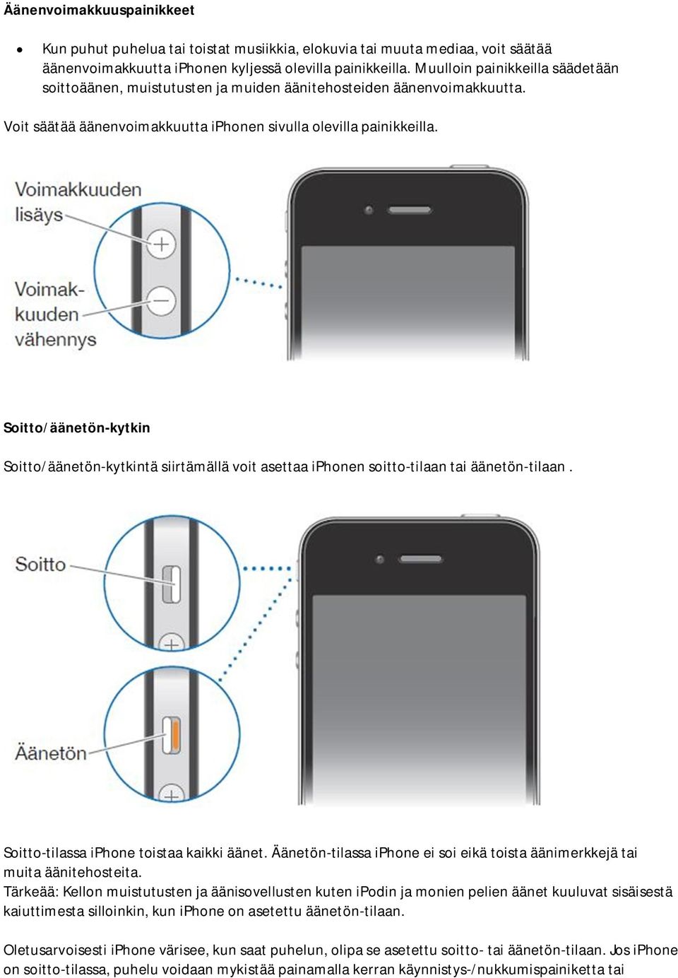 Soitto/äänetön-kytkin Soitto/äänetön-kytkintä siirtämällä voit asettaa iphonen soitto-tilaan tai äänetön-tilaan. Soitto-tilassa iphone toistaa kaikki äänet.