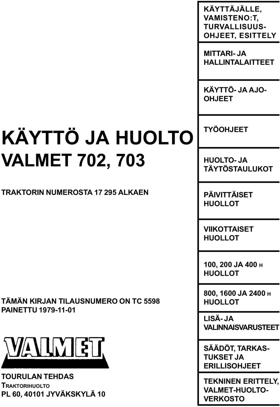 400 H HUOLLOT TÄMÄN KIRJAN TILAUSNUMERO ON TC 5598 PAINETTU 1979-11-01 800, 1600 JA 2400 H HUOLLOT LISÄ- JA VALINNAISVARUSTEET