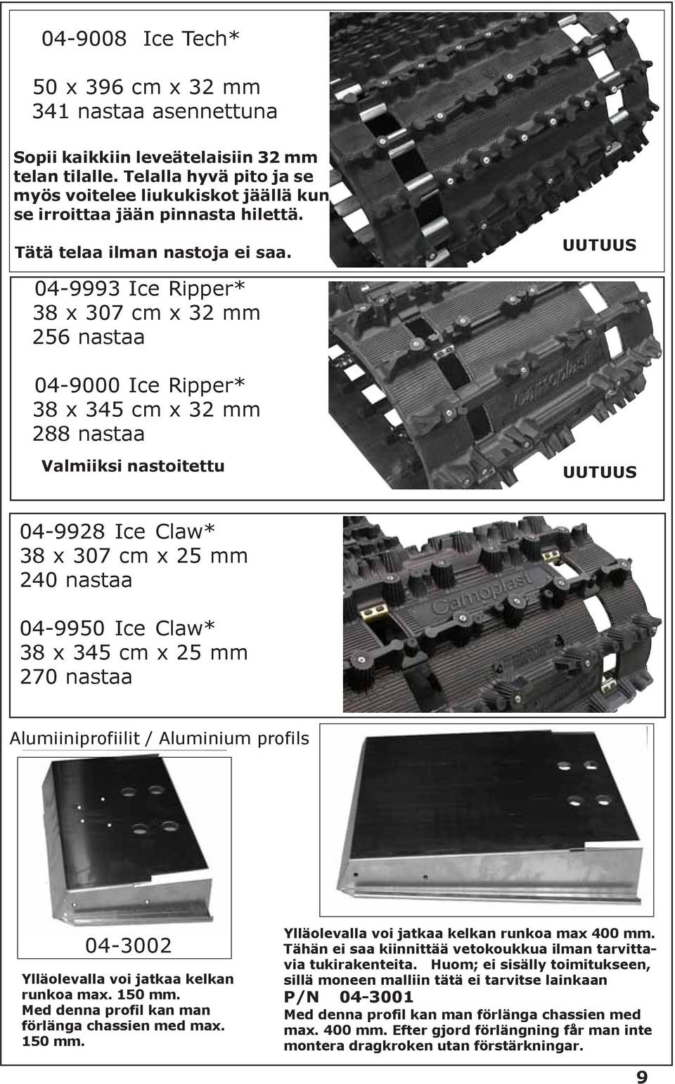 UUTUUS 04-9993 Ice Ripper* 38 x 307 cm x 32 mm 256 nastaa 04-9000 Ice Ripper* 38 x 345 cm x 32 mm 288 nastaa Valmiiksi nastoitettu UUTUUS 04-9928 Ice Claw* 38 x 307 cm x 25 mm 240 nastaa 04-9950 Ice