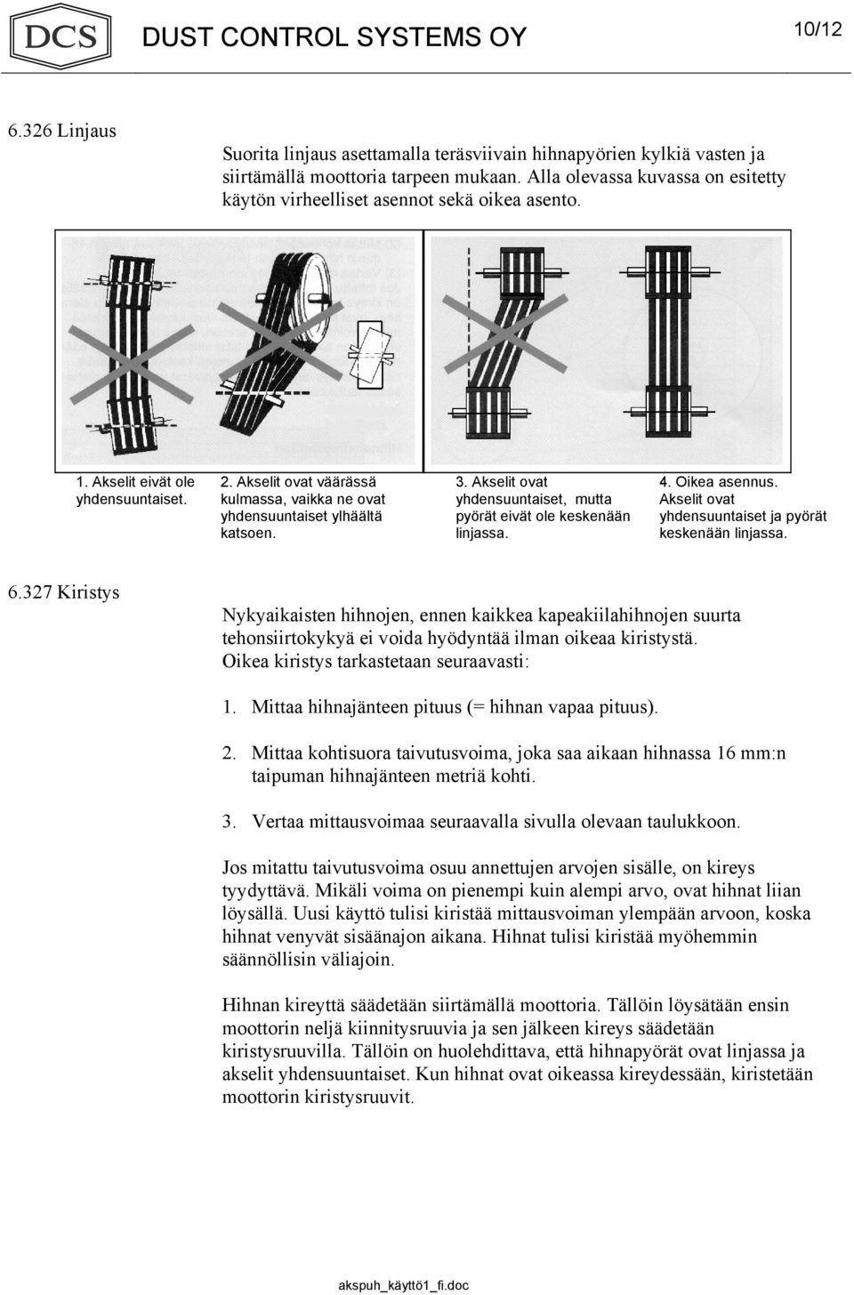 Akselit ovat väärässä kulmassa, vaikka ne ovat yhdensuuntaiset ylhäältä katsoen. 3. Akselit ovat yhdensuuntaiset, mutta pyörät eivät ole keskenään linjassa. 4. Oikea asennus.