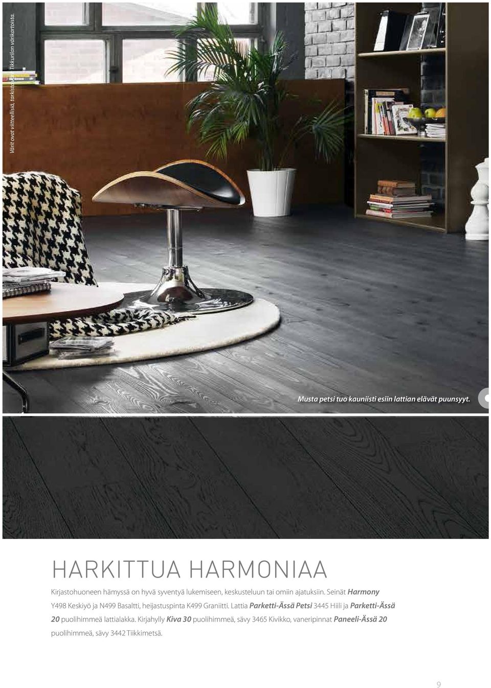 Seinät Harmony Y498 Keskiyö ja N499 Basaltti, heijastuspinta K499 Graniitti.