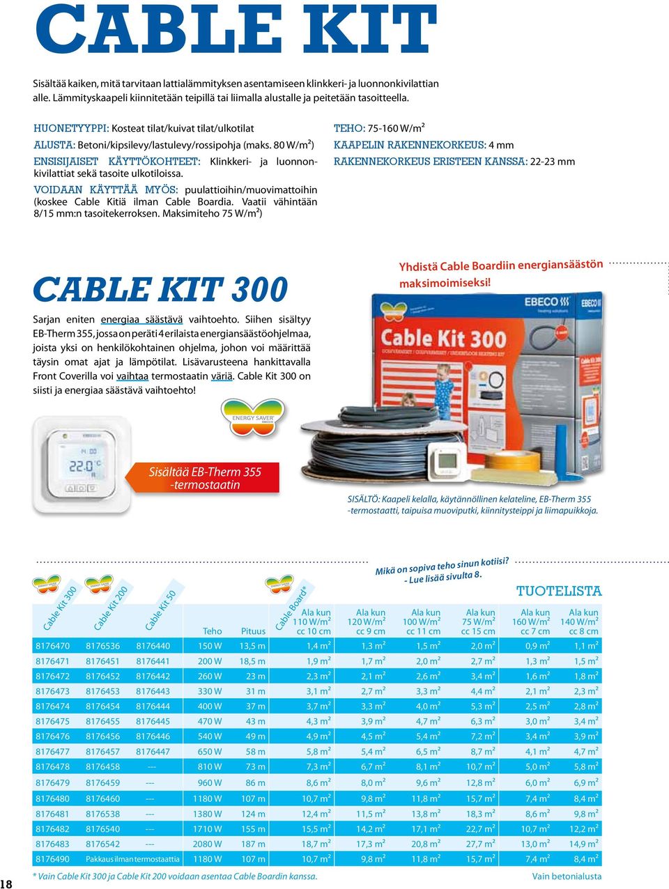 Voidaan käyttää myös: puulattioihin/muovimattoihin (koskee Cable Kitiä ilman Cable Boardia. Vaatii vähintään 8/15 mm:n tasoitekerroksen.