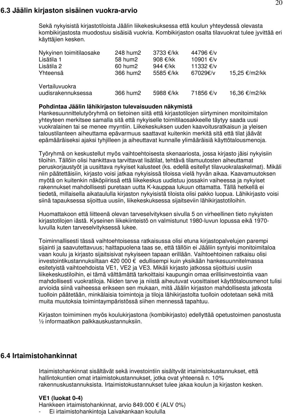 Nykyinen toimitilaosake 248 hum2 3733 /kk 44796 /v Lisätila 1 58 hum2 908 /kk 10901 /v Lisätila 2 60 hum2 944 /kk 11332 /v Yhteensä 366 hum2 5585 /kk 67029 /v 15,25 /m2/kk Vertailuvuokra