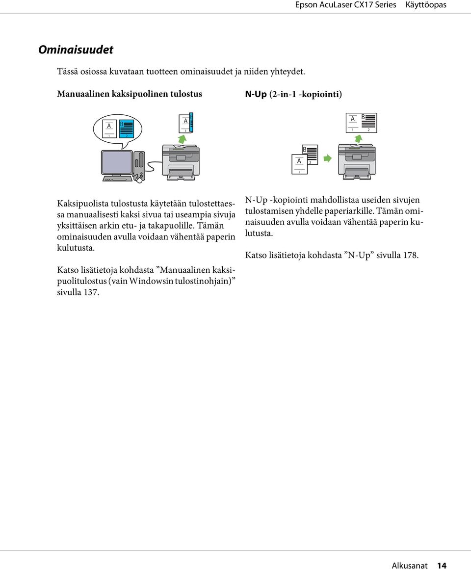 yksittäisen arkin etu- ja takapuolille. Tämän ominaisuuden avulla voidaan vähentää paperin kulutusta.