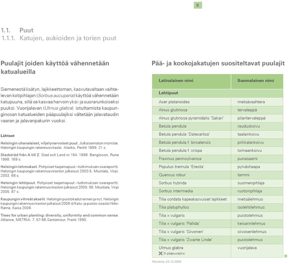 Vuorijalavan (Ulmus glabra) istuttamista kaupunginosan katualueiden pääpuulajiksi vältetään jalavataudin vaaran ja jalavanpakurin vuoksi. Lähteet Helsingin uhanalaiset, viljelynarvoiset puut.