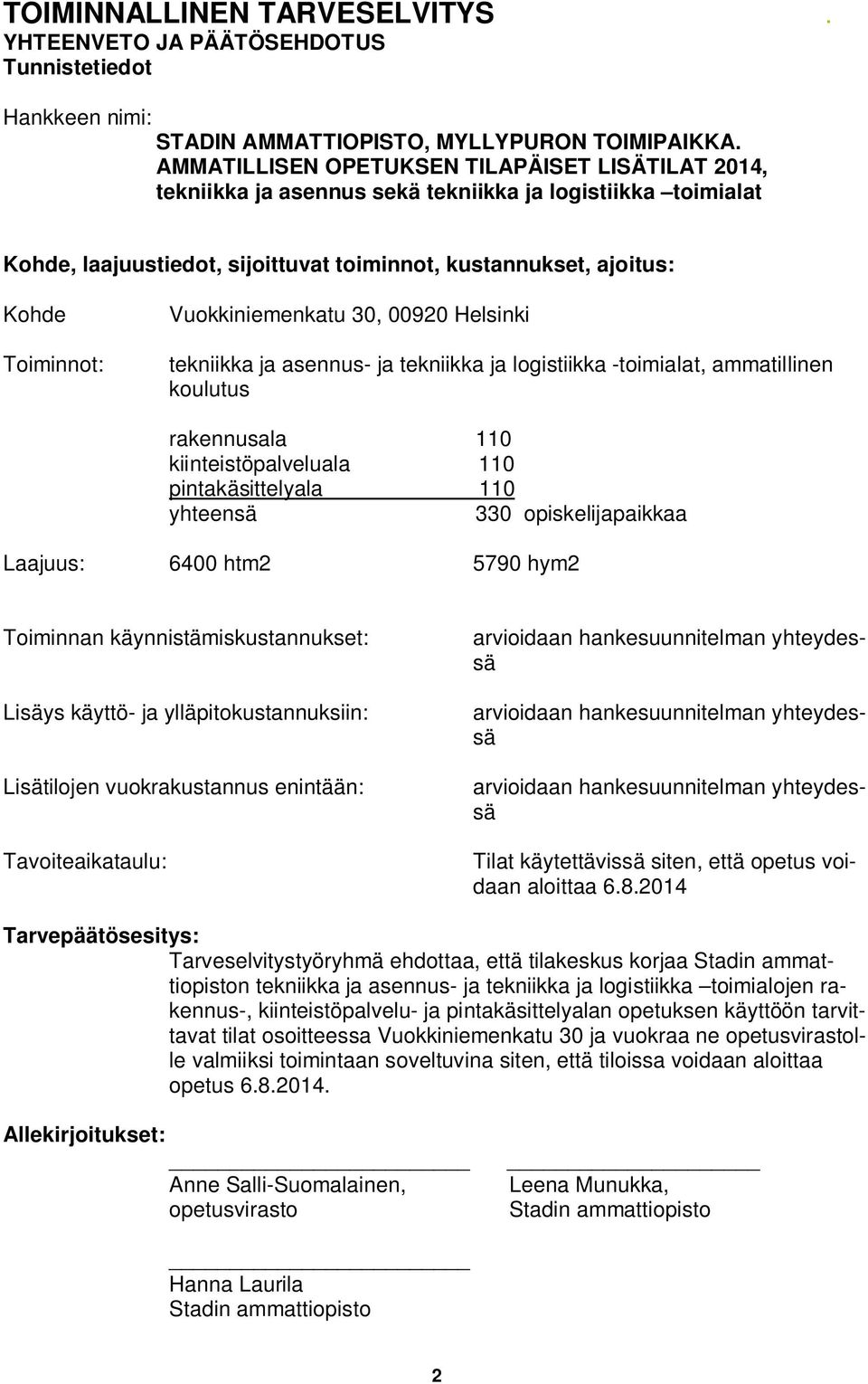 Vuokkiniemenkatu 30, 00920 Helsinki tekniikka ja asennus- ja tekniikka ja logistiikka -toimialat, ammatillinen koulutus rakennusala 110 kiinteistöpalveluala 110 pintakäsittelyala 110 yhteensä 330