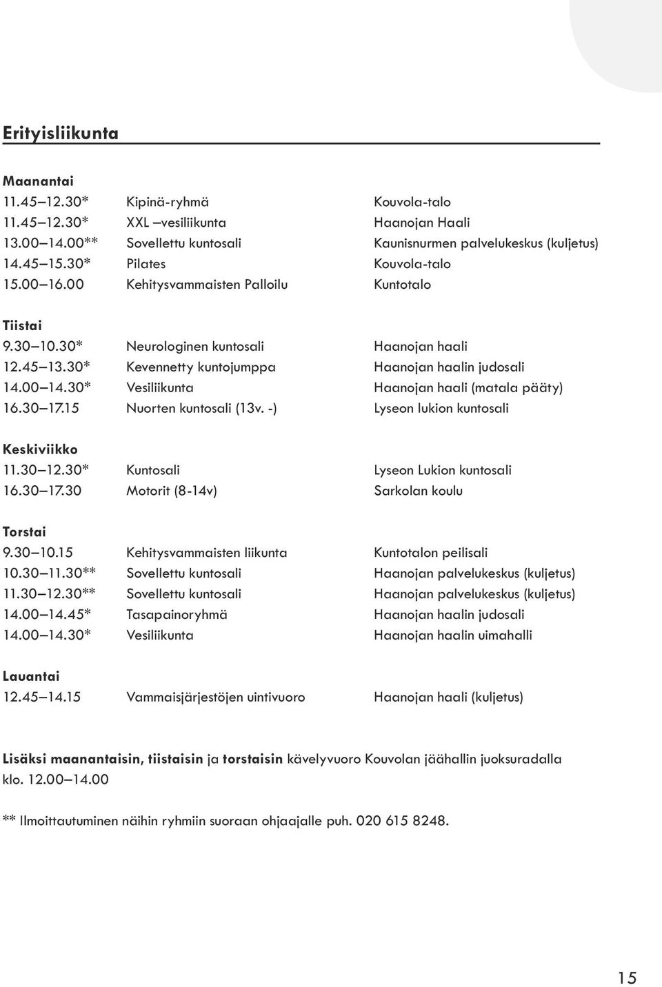 00 14.30* Vesiliikunta Haanojan haali (matala pääty) 16.30 17.15 Nuorten kuntosali (13v. -) Lyseon lukion kuntosali Keskiviikko 11.30 12.30* Kuntosali Lyseon Lukion kuntosali 16.30 17.30 Motorit (8-14v) Sarkolan koulu Torstai 9.