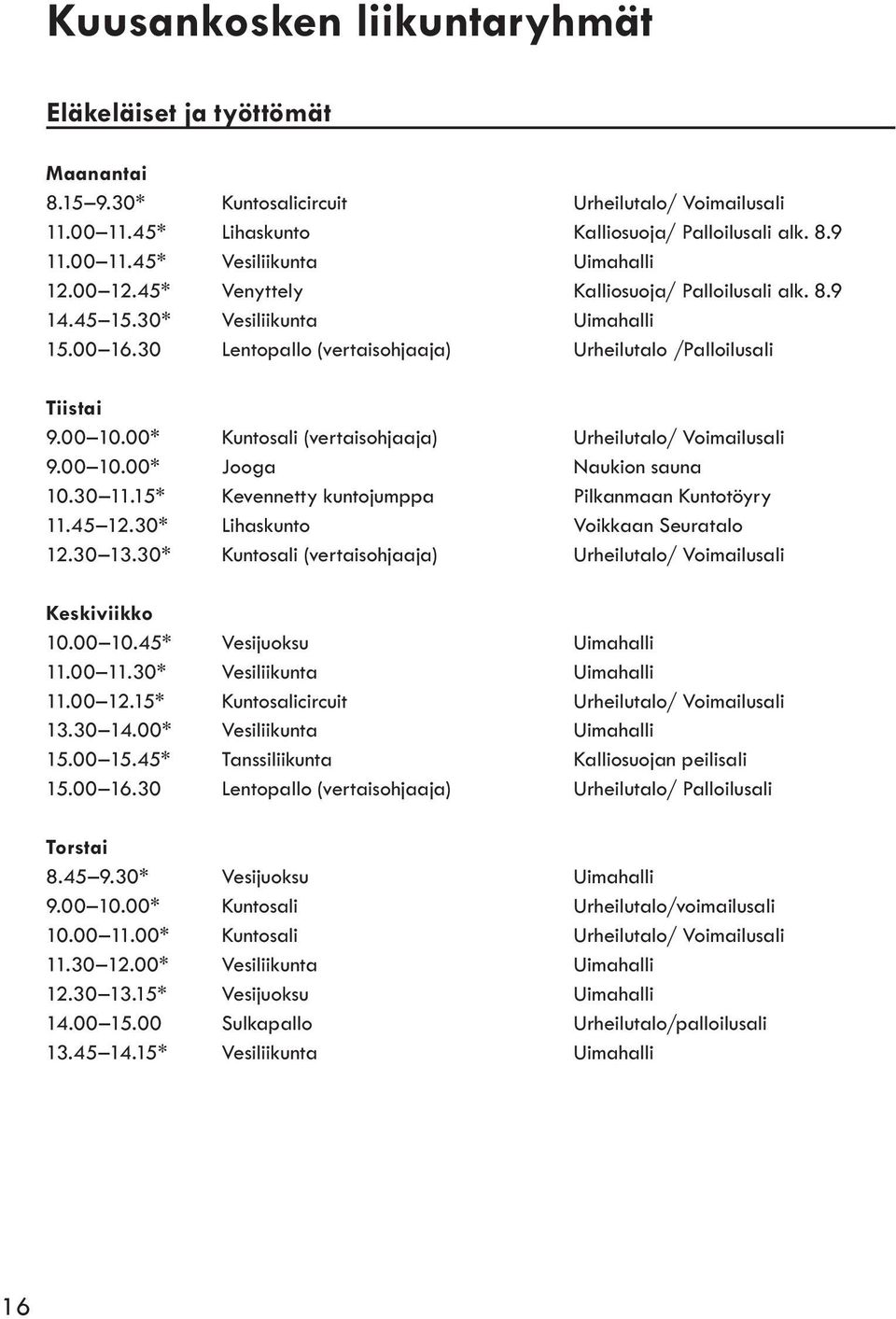 00* Kuntosali (vertaisohjaaja) Urheilutalo/ Voimailusali 9.00 10.00* Jooga Naukion sauna 10.30 11.15* Kevennetty kuntojumppa Pilkanmaan Kuntotöyry 11.45 12.30* Lihaskunto Voikkaan Seuratalo 12.30 13.