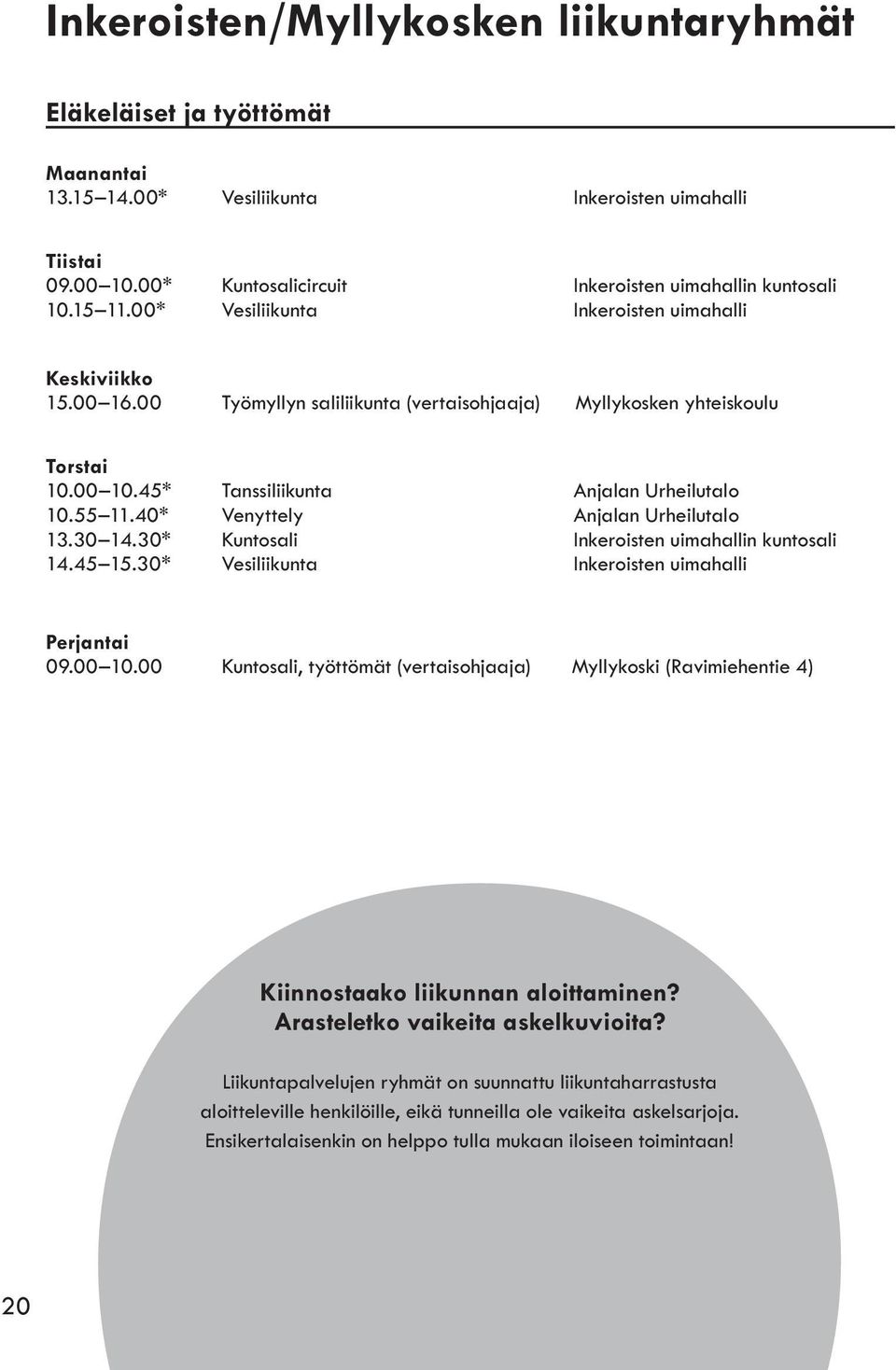 40* Venyttely Anjalan Urheilutalo 13.30 14.30* Kuntosali Inkeroisten uimahallin kuntosali 14.45 15.30* Vesiliikunta Inkeroisten uimahalli Perjantai 09.00 10.