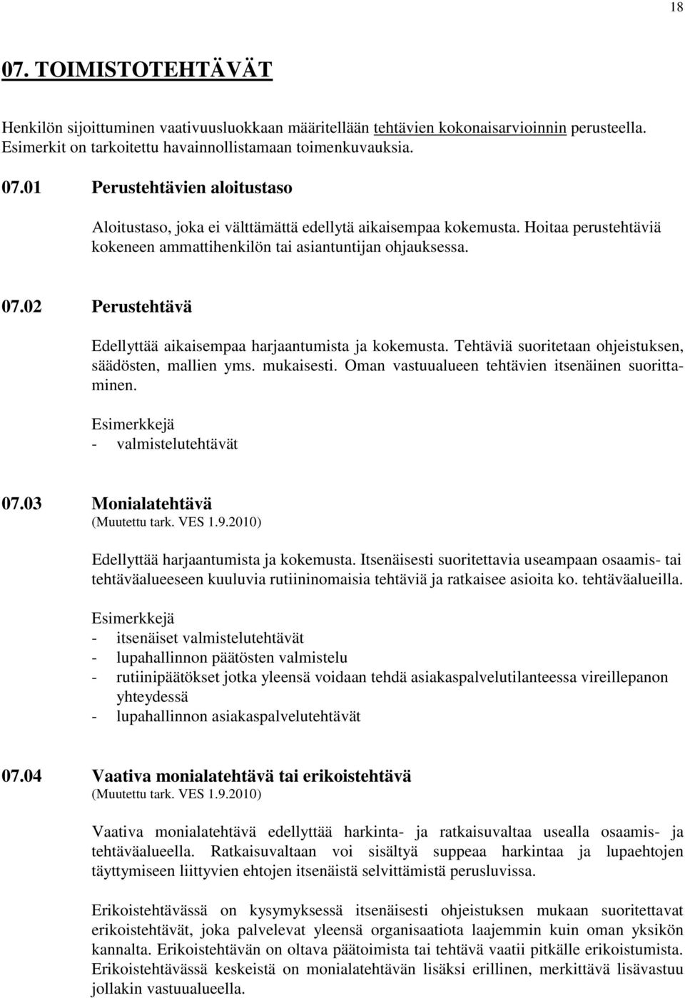 Tehtäviä suoritetaan ohjeistuksen, säädösten, mallien yms. mukaisesti. Oman vastuualueen tehtävien itsenäinen suorittaminen. - valmistelutehtävät 07.03 Monialatehtävä (Muutettu tark. VES 1.9.