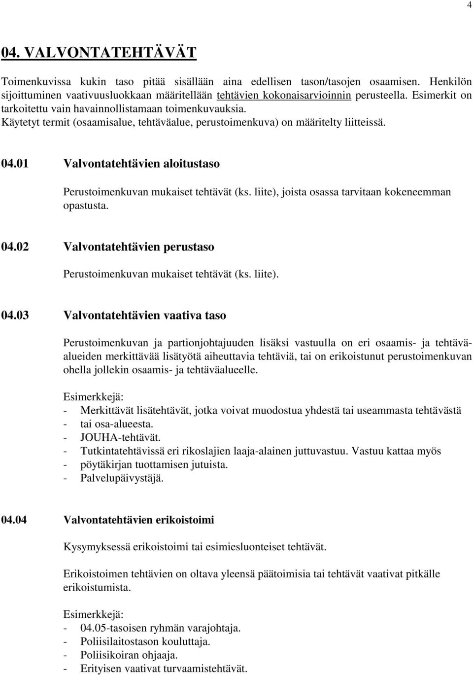 01 Valvontatehtävien aloitustaso Perustoimenkuvan mukaiset tehtävät (ks. liite), joista osassa tarvitaan kokeneemman opastusta. 04.