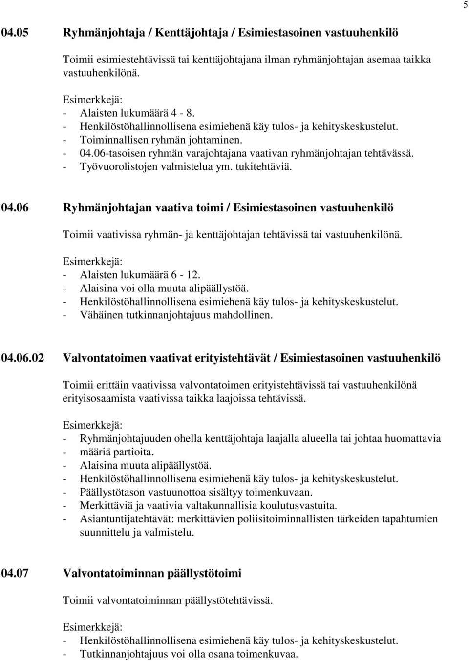 - Työvuorolistojen valmistelua ym. tukitehtäviä. 04.06 Ryhmänjohtajan vaativa toimi / Esimiestasoinen vastuuhenkilö Toimii vaativissa ryhmän- ja kenttäjohtajan tehtävissä tai vastuuhenkilönä.