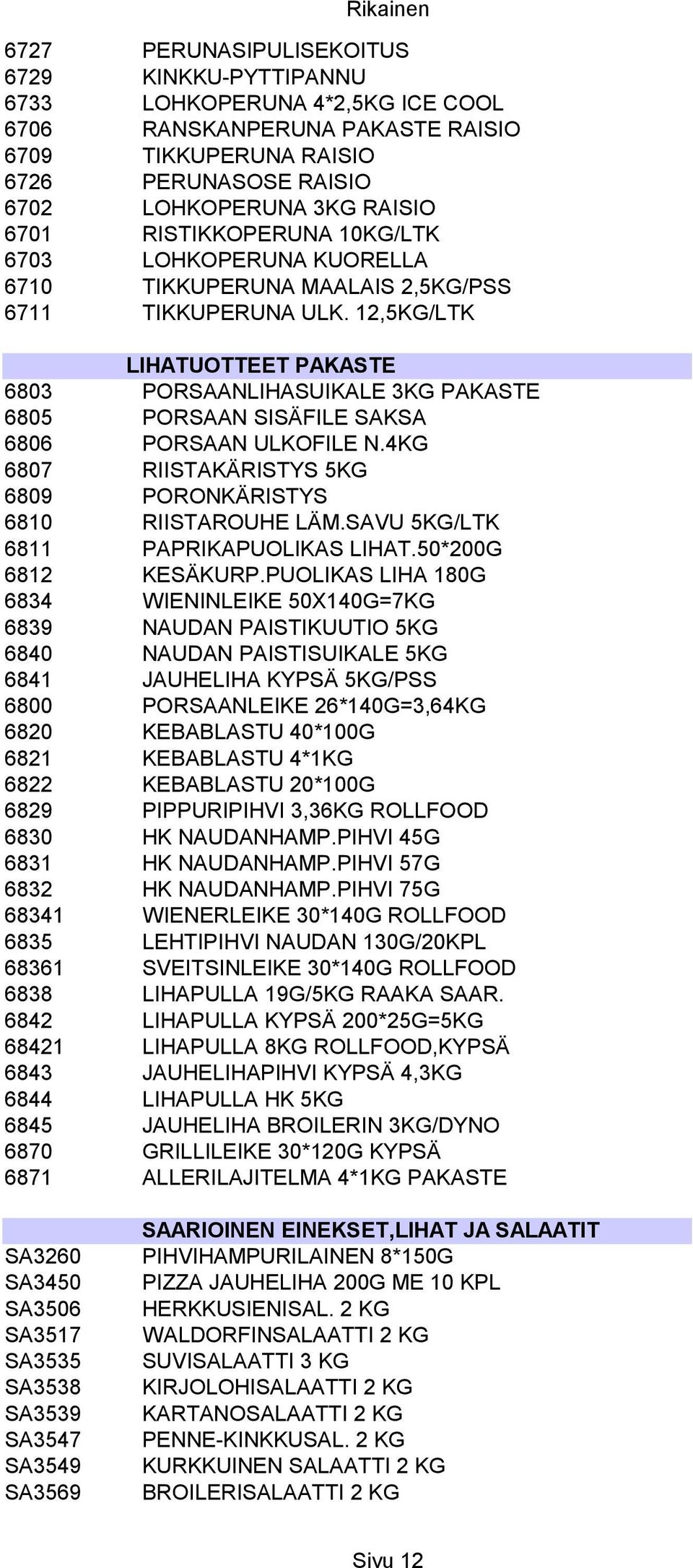 12,5KG/LTK LIHATUOTTEET PAKASTE 6803 6805 PORSAANLIHASUIKALE 3KG PAKASTE PORSAAN SISÄFILE SAKSA 6806 PORSAAN ULKOFILE N.4KG 6807 RIISTAKÄRISTYS 5KG 6809 PORONKÄRISTYS 6810 RIISTAROUHE LÄM.