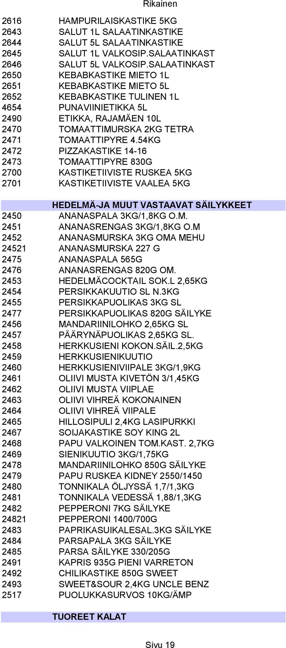 54KG 2472 PIZZAKASTIKE 14-16 2473 TOMAATTIPYRE 830G 2700 KASTIKETIIVISTE RUSKEA 5KG 2701 KASTIKETIIVISTE VAALEA 5KG HEDELMÄ-JA MUUT VASTAAVAT SÄILYKKEET 2450 ANANASPALA 3KG/1,8KG O.M. 2451 ANANASRENGAS 3KG/1,8KG O.