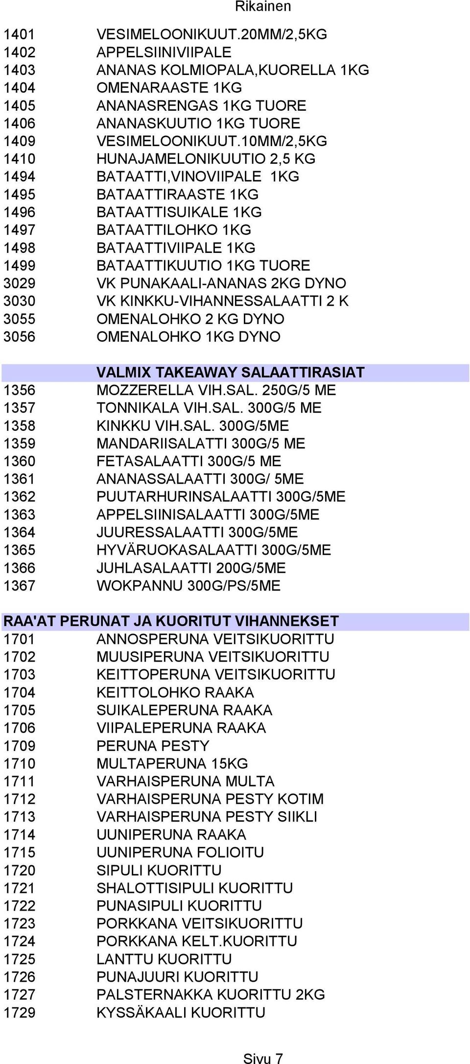 3029 VK PUNAKAALI-ANANAS 2KG DYNO 3030 VK KINKKU-VIHANNESSALAATTI 2 K 3055 OMENALOHKO 2 KG DYNO 3056 OMENALOHKO 1KG DYNO VALMIX TAKEAWAY SALAATTIRASIAT 1356 MOZZERELLA VIH.SAL. 250G/5 ME 1357 TONNIKALA VIH.