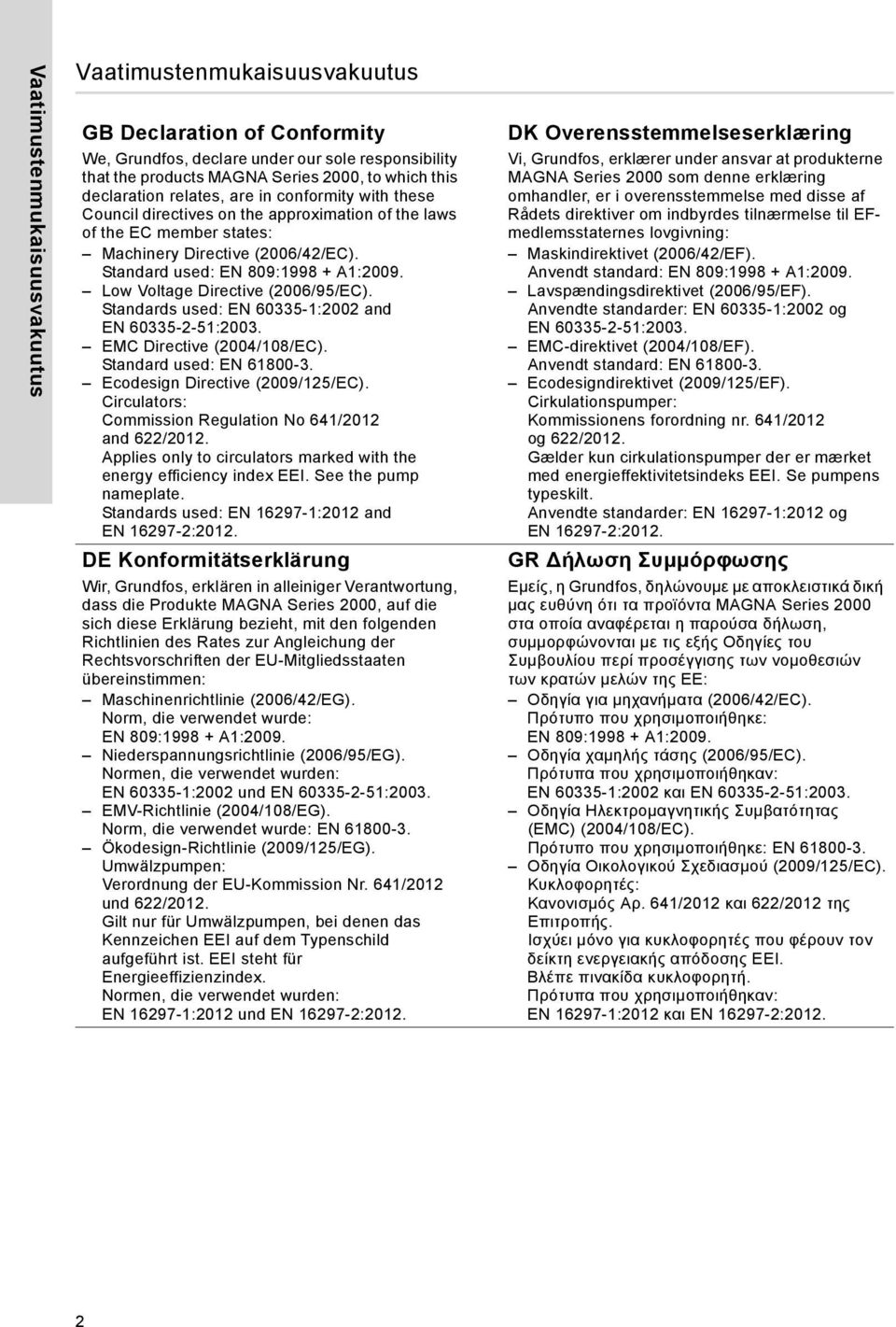 Low Voltage Directive (2006/95/EC). Standards used: EN 60335-1:2002 and EN 60335-2-51:2003. EMC Directive (2004/108/EC). Standard used: EN 61800-3. Ecodesign Directive (2009/125/EC).