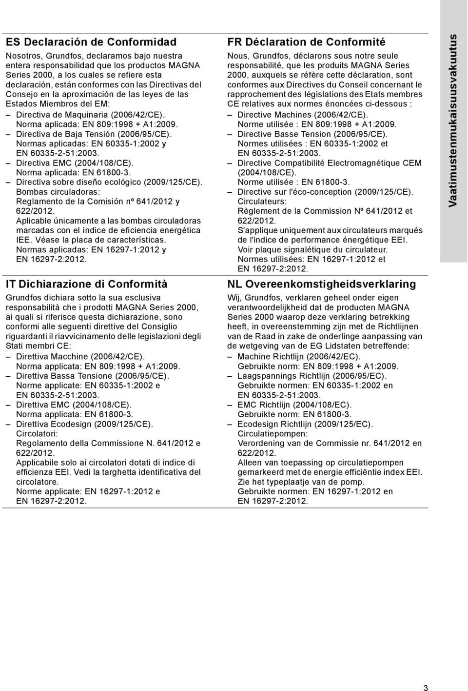 Directiva de Baja Tensión (2006/95/CE). Normas aplicadas: EN 60335-1:2002 y EN 60335-2-51:2003. Directiva EMC (2004/108/CE). Norma aplicada: EN 61800-3. Directiva sobre diseño ecológico (2009/125/CE).