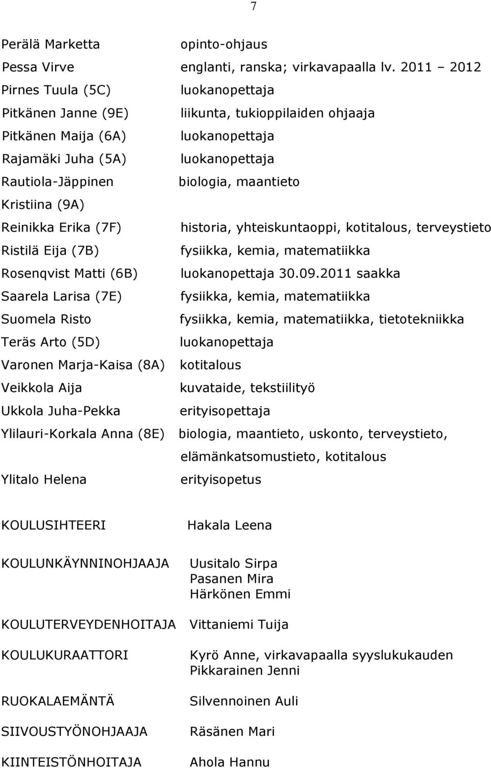 maantieto Kristiina (9A) Reinikka Erika (7F) historia, yhteiskuntaoppi, kotitalous, terveystieto Ristilä Eija (7B) fysiikka, kemia, matematiikka Rosenqvist Matti (6B) luokanopettaja 30.09.