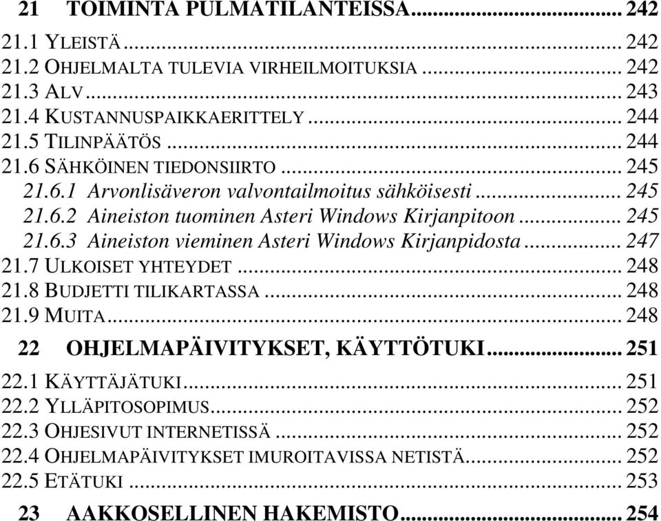 .. 247 21.7 ULKOISET YHTEYDET... 248 21.8 BUDJETTI TILIKARTASSA... 248 21.9 MUITA... 248 22 OHJELMAPÄIVITYKSET, KÄYTTÖTUKI... 251 22.1 KÄYTTÄJÄTUKI... 251 22.2 YLLÄPITOSOPIMUS.