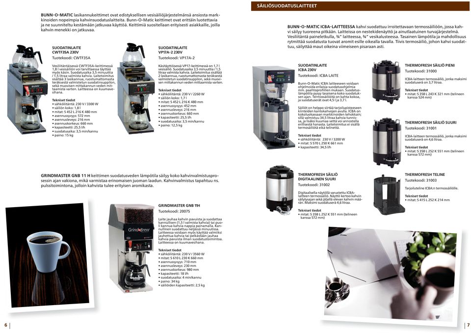 SUODATINLAITE CWTF35A 230V Tuotekoodi: CWTF35A SUODATINLAITE VP17A-2 230V Tuotekoodi: VP17A-2 BUNN-O-MATIC ICBA-LAITTEESSA kahvi suodattuu irroitettavaan termossäiliöön, jossa kahvi säilyy tuoreena