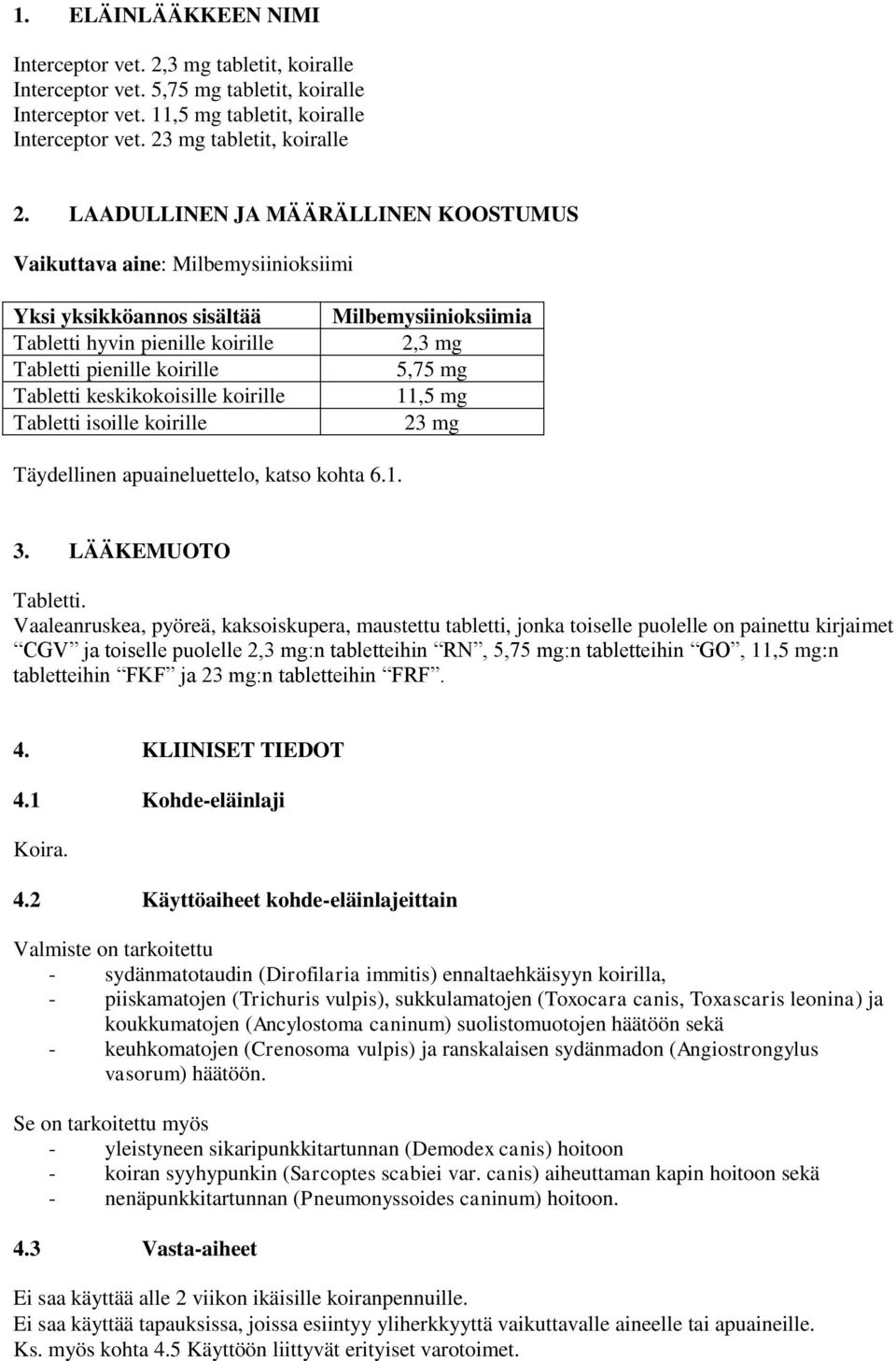 Tabletti isoille koirille Milbemysiinioksiimia 2,3 mg 5,75 mg 11,5 mg 23 mg Täydellinen apuaineluettelo, katso kohta 6.1. 3. LÄÄKEMUOTO Tabletti.